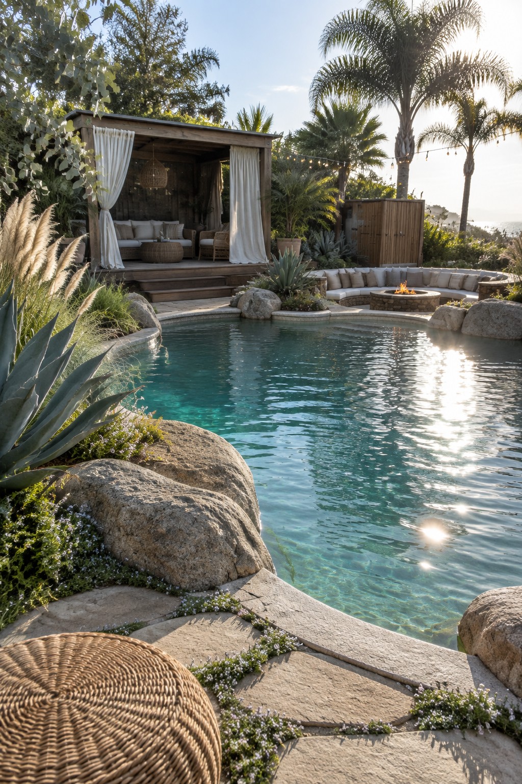 A backyard pool with a wooden cabana draped in white curtains, stone edging, and surrounding plants.