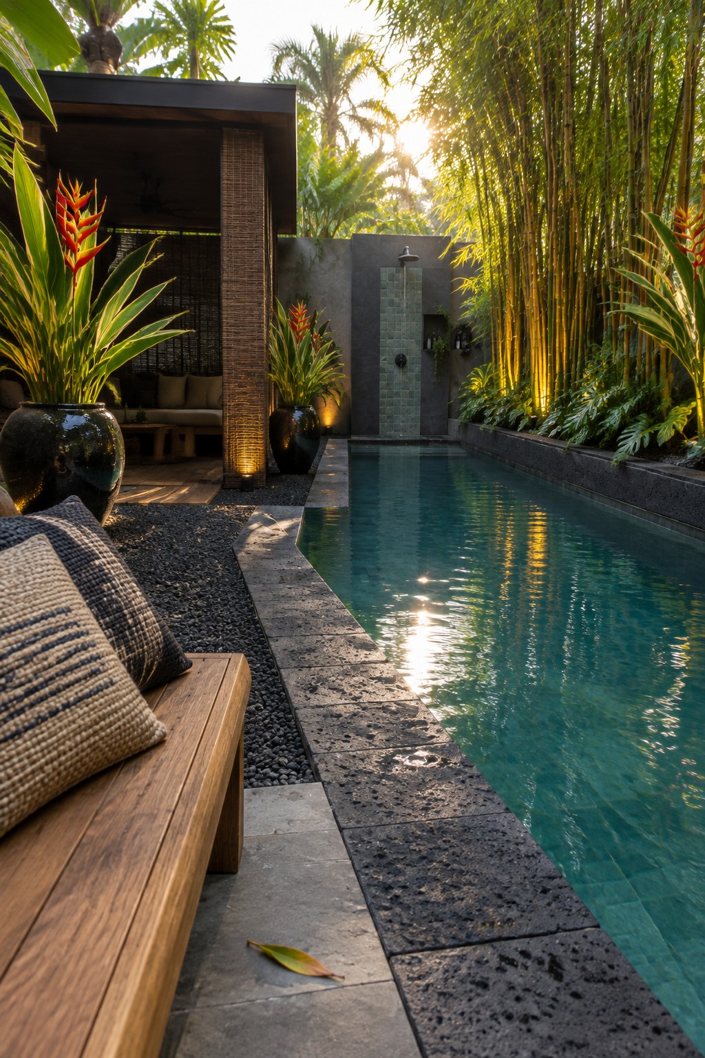 A long narrow backyard pool lined with dark stone, bordered by tall bamboo on one side and large potted tropical plants near a covered seating area.