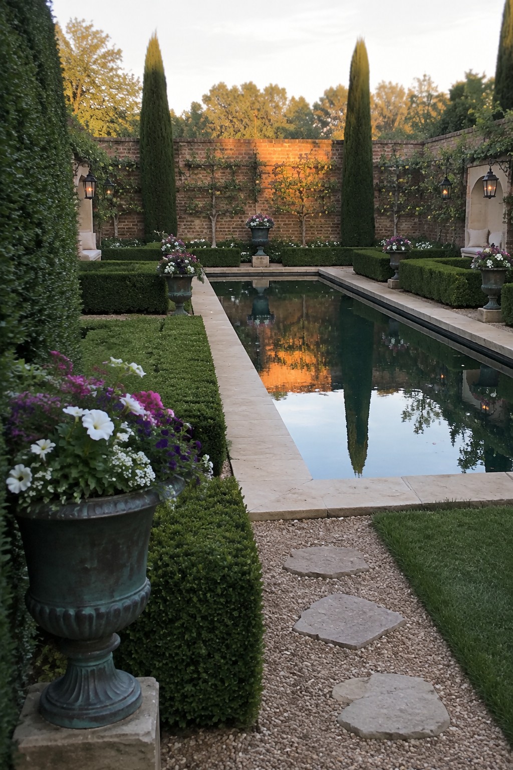 A long rectangular pool bordered by low clipped hedges, tall narrow trees, and stone urns with flowers in a walled garden at dusk.