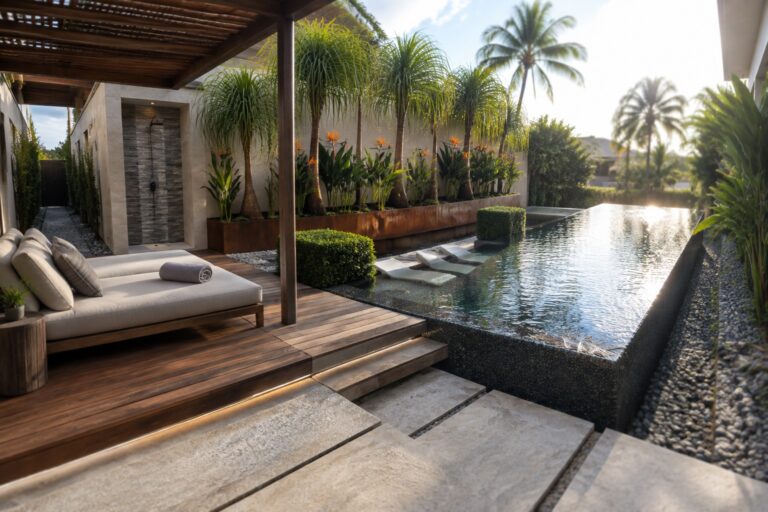 A narrow rectangular pool with a long raised metal planter filled with tropical plants along one side, a wooden deck with a daybed on the left, and stone steps with lights on the right.