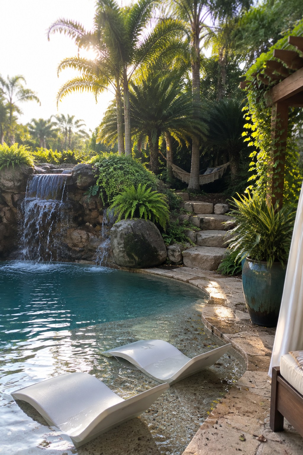 A backyard pool edged with stone, featuring a rock waterfall, in-pool lounge chairs, tall palm trees, and dense ferns and shrubs.