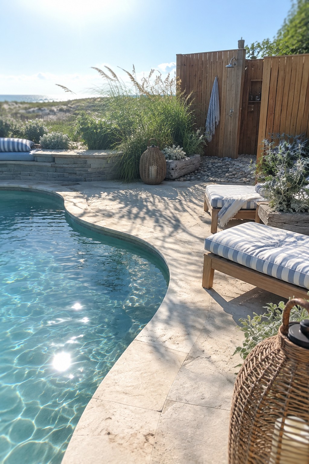 A curved pool with stone coping borders a paved patio holding two striped lounge chairs, an outdoor shower on a wooden wall, and beds of tall grasses and shrubs.