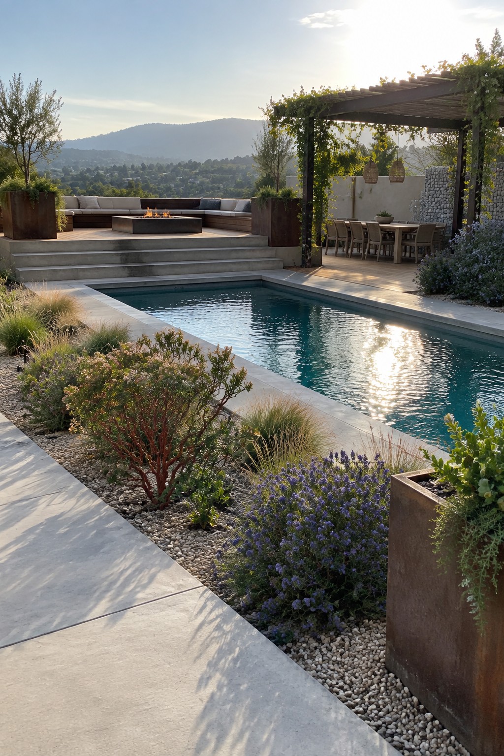 Modern poolside patio with fire pit lounge, pergola dining, and mountain views at sunset