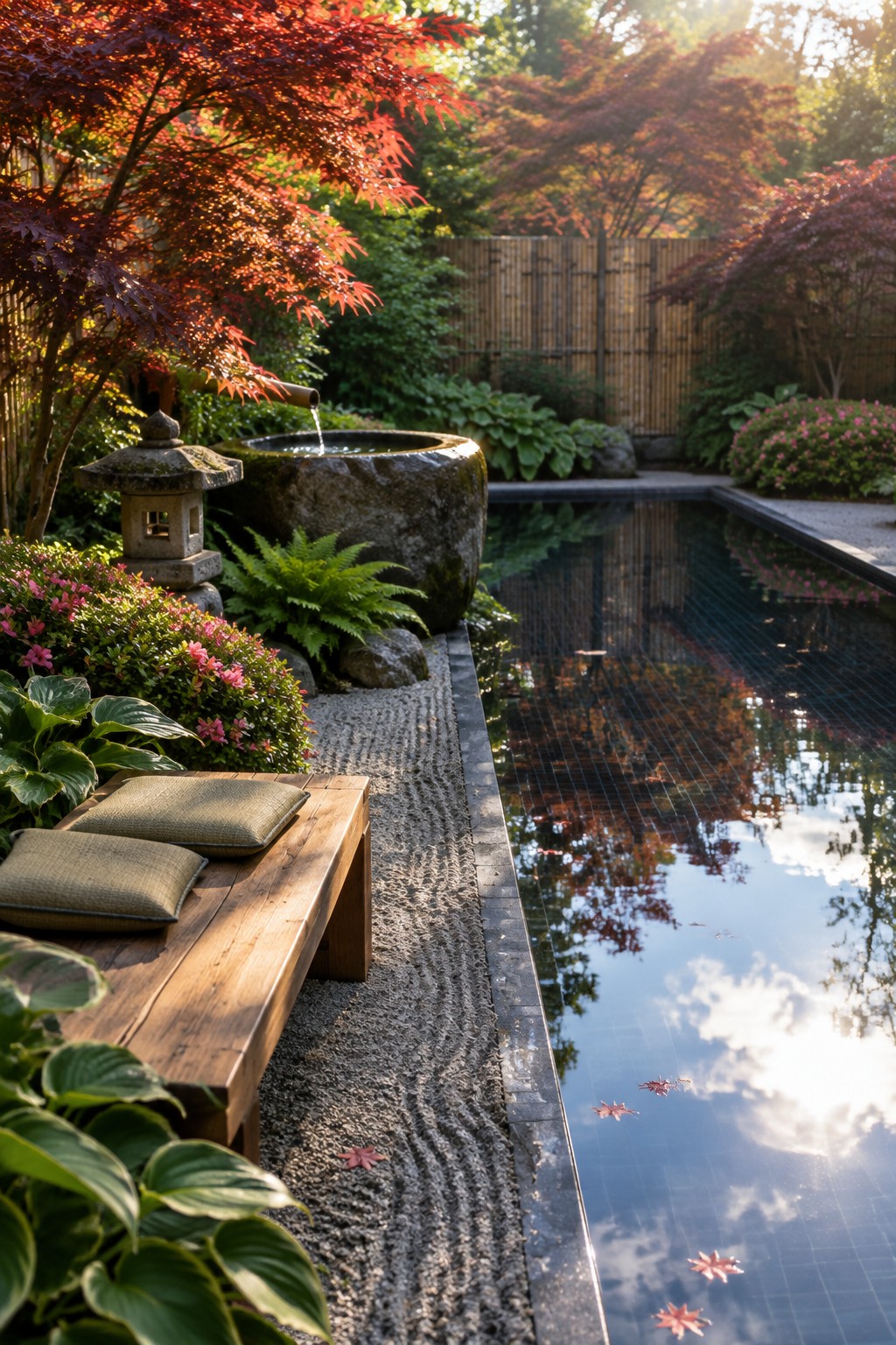 A long rectangular pool with dark tile edging sits next to raked gravel, a low wooden bench with cushions, a stone lantern, a water basin, ferns, flowering shrubs, and red-leafed trees.