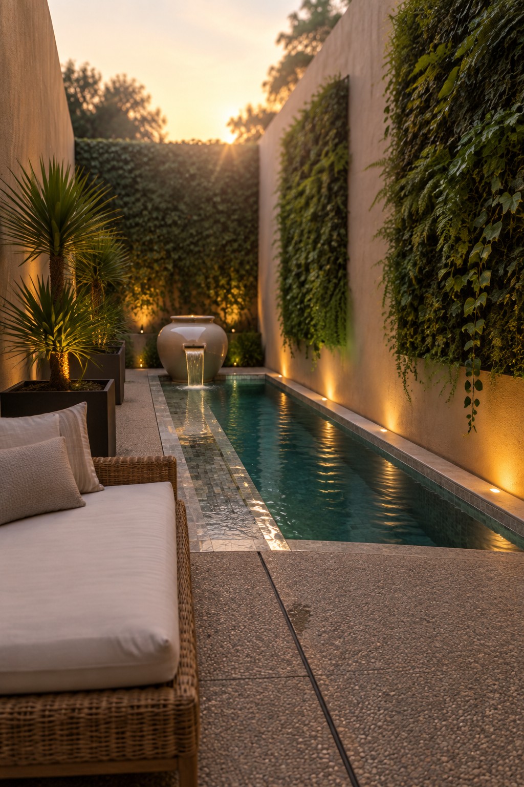 Narrow plunge pool with cascading urn, wicker lounge, potted palms, and vine walls at sunset.