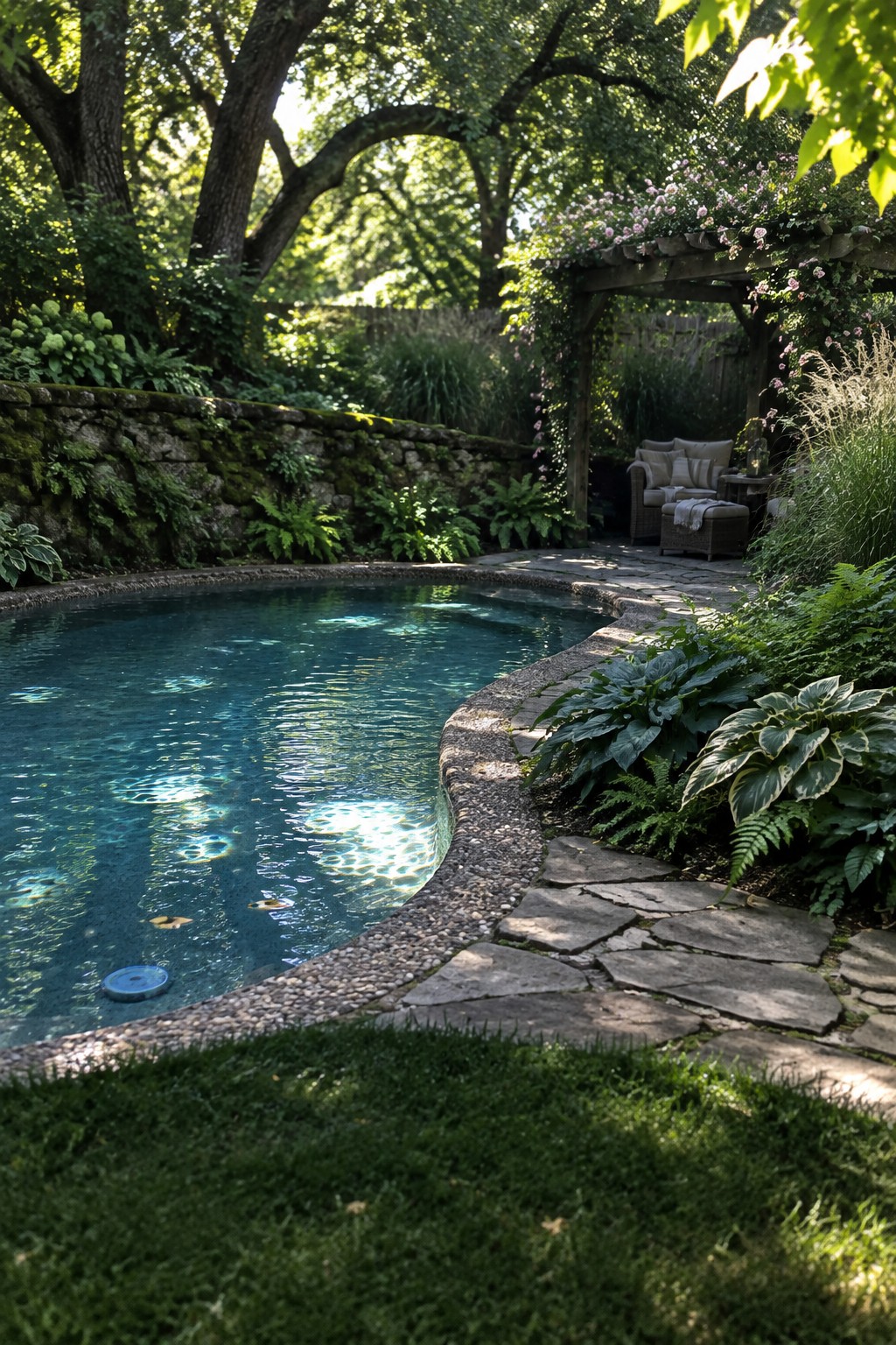 Lush garden with curved pool, stone path, mossy wall, and flowering pergola.