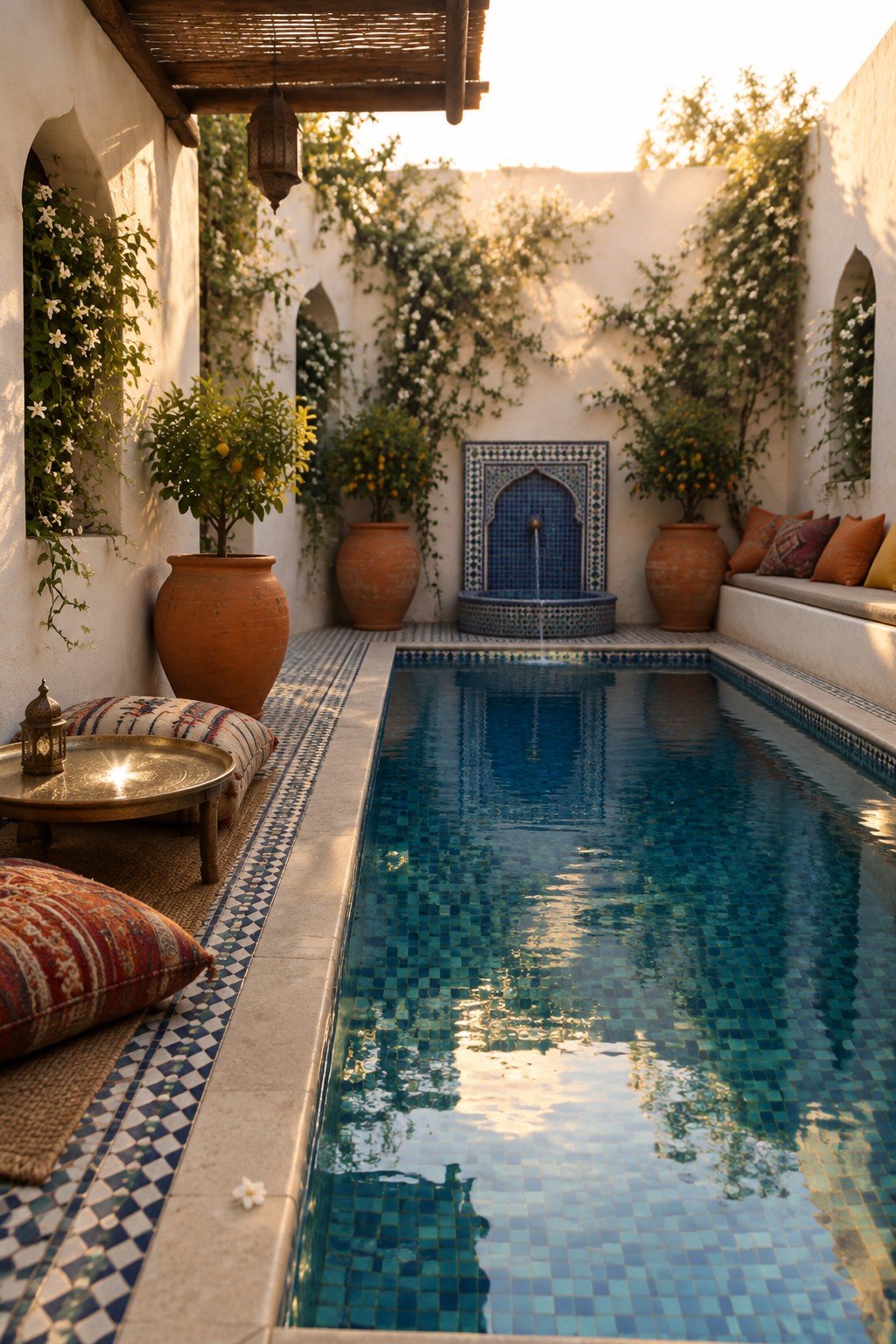 A long narrow pool with blue-green mosaic tiles is set in a white-walled courtyard, lined with large terracotta pots holding citrus trees and climbing white flowers on the walls.