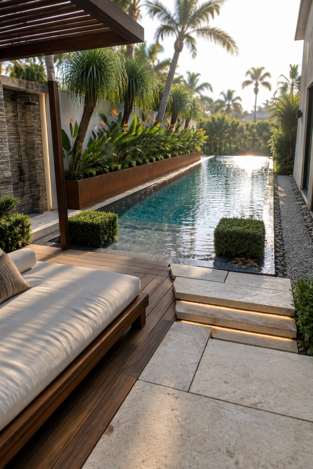 A narrow rectangular pool with a long raised metal planter filled with tropical plants along one side, a wooden deck with a daybed on the left, and stone steps with lights on the right.