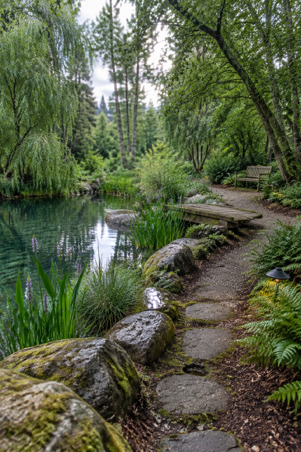 A gravel path with large mossy stepping stones runs beside a pond bordered by rocks and dense green plants, with a small wooden bridge and trees in the background.
