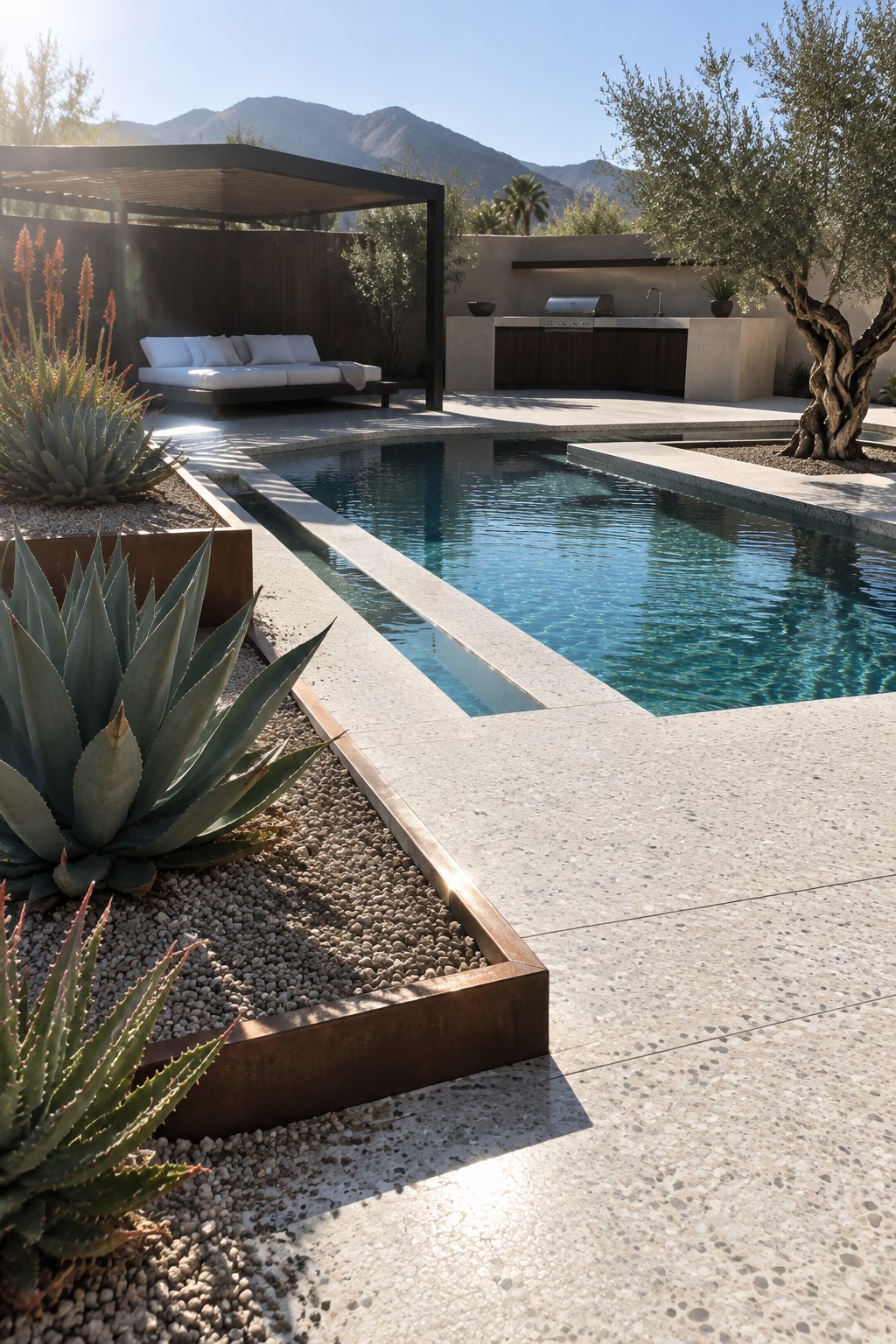 A backyard pool area with a long rectangular pool, concrete decking, gravel beds containing large agave plants bordered by rusted metal, an outdoor kitchen, a lounge daybed, and distant mountains.