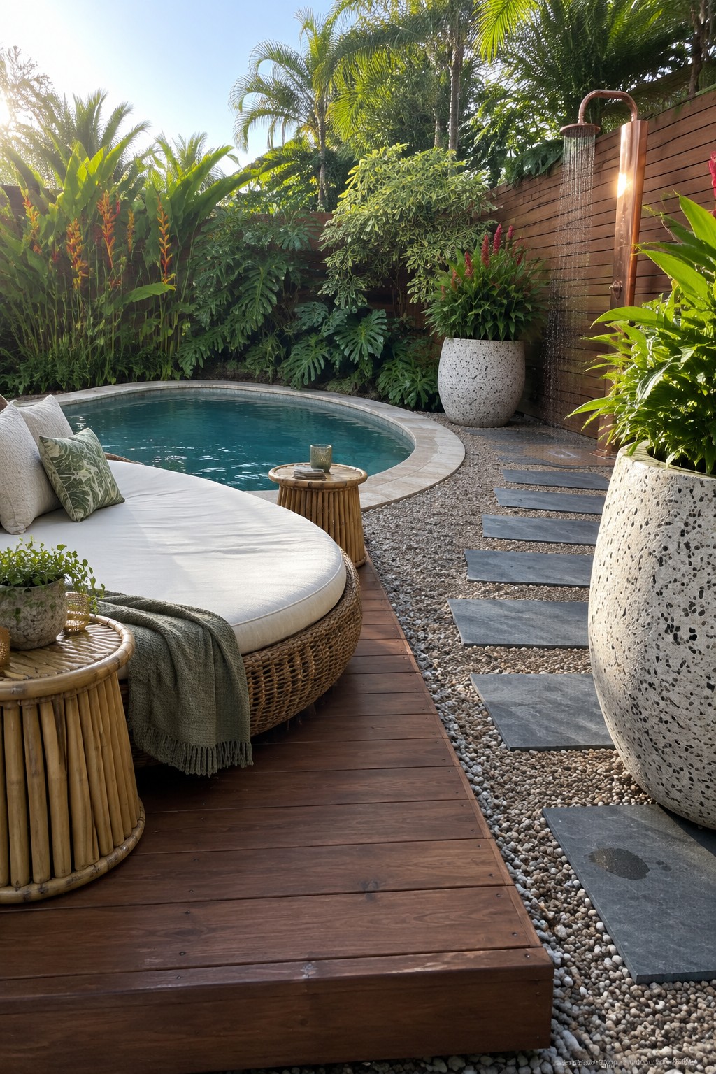 A round pool with a wooden deck, round daybed, tropical plants in large speckled pots, gravel path with stepping stones, and an outdoor shower on a wooden wall.