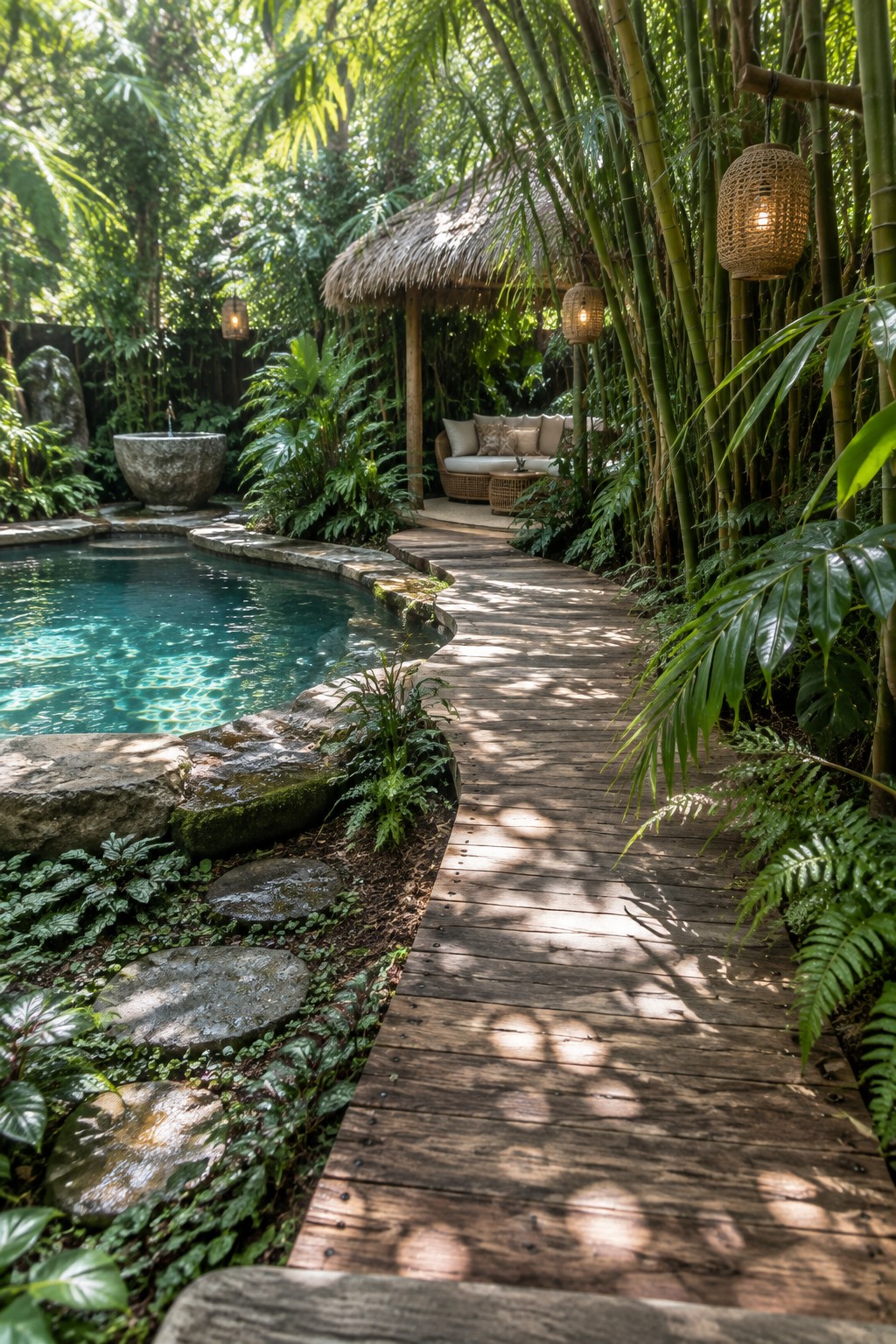 A wooden boardwalk curves past a natural pool with stone edging, surrounded by dense bamboo and tropical plants leading to a thatched seating hut.