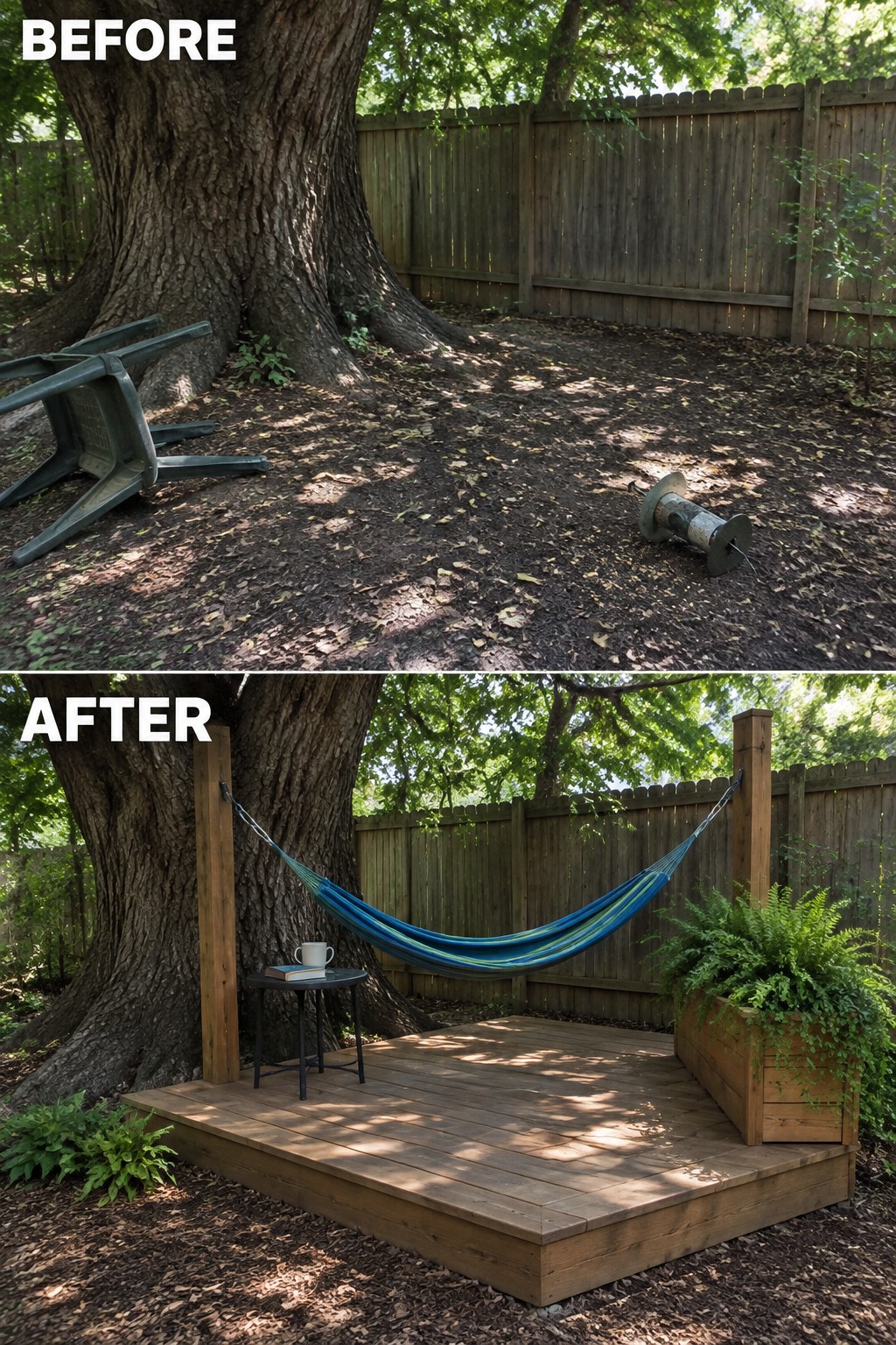Before and after backyard transformation with deck, hammock, and plants under tree