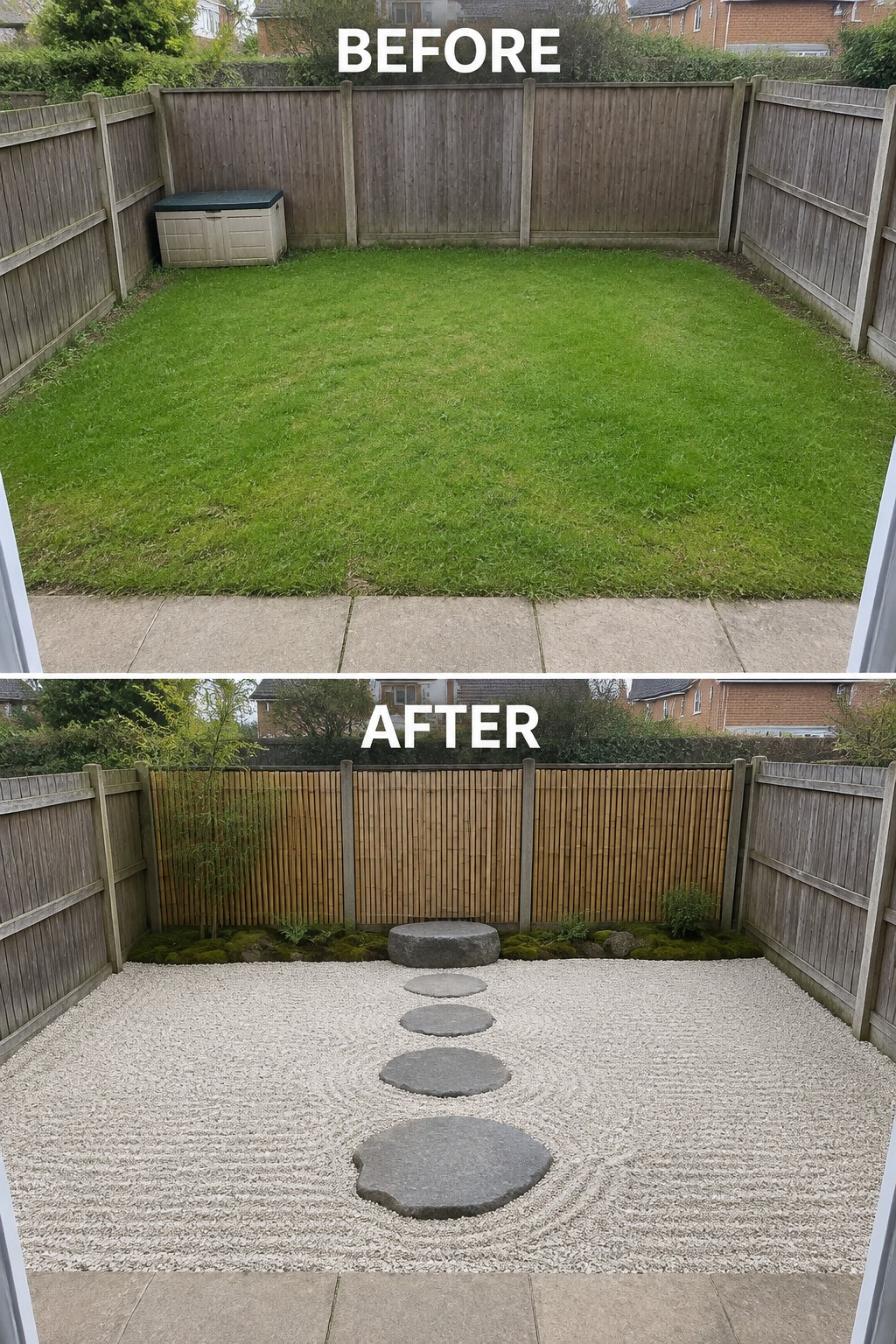 Before and after backyard makeover from green lawn to raked gravel zen garden with stones.