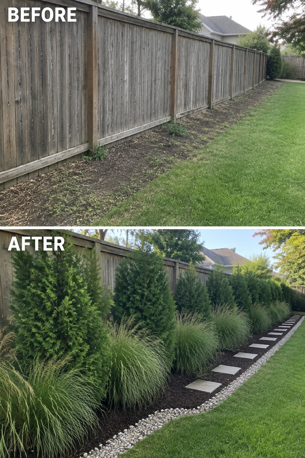 Before and after of wooden fence line landscaped with shrubs, grasses, and stone path.