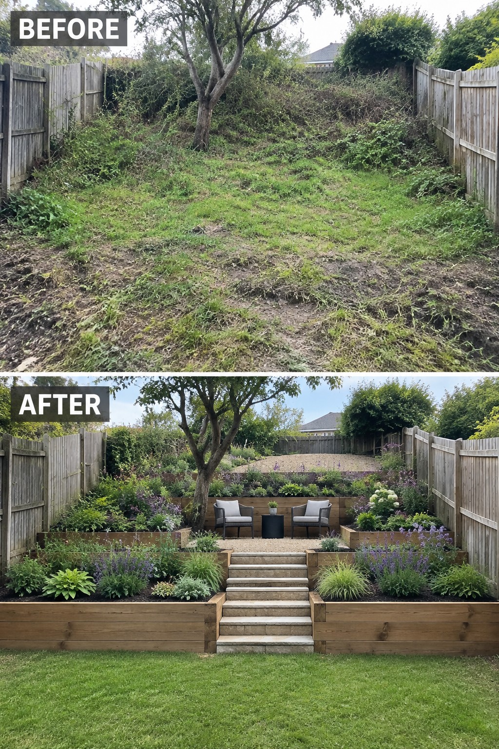 Before-and-after image of an overgrown backyard changed into a landscaped garden with raised wooden beds, stone steps, and a central seating area.