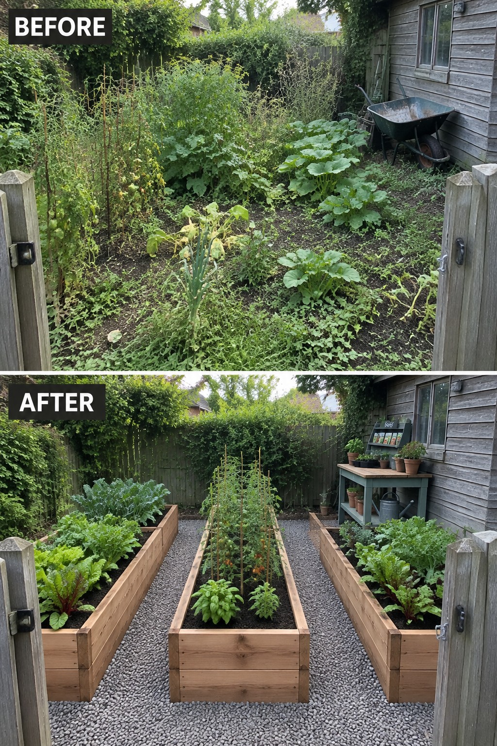 Before and after of overgrown garden transformed into neat wooden raised vegetable beds.