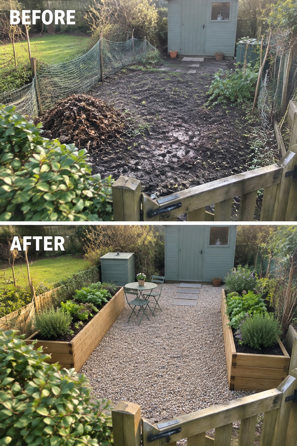 Before and after of backyard garden transformed into raised beds with gravel patio