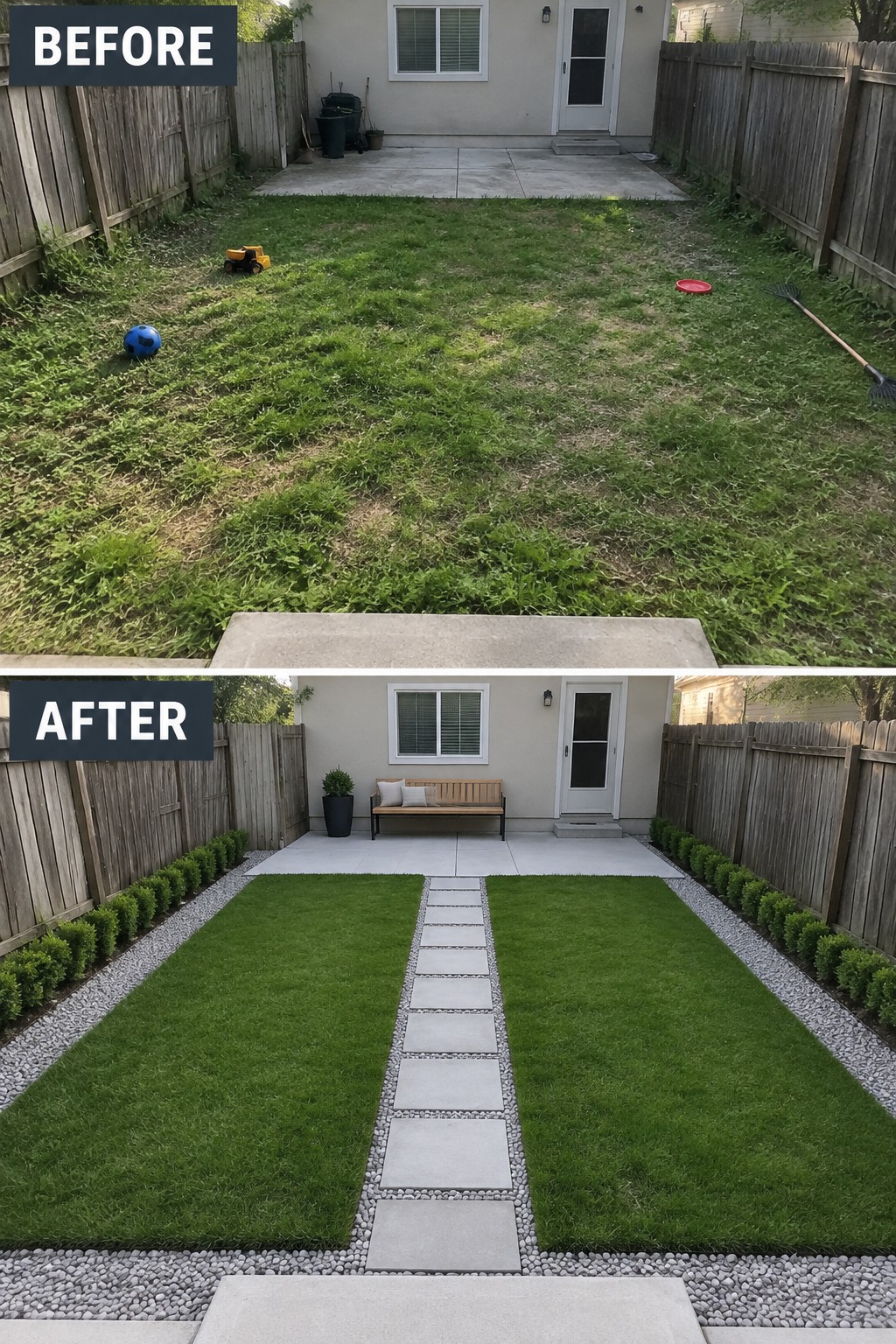 Backyard before-and-after: overgrown lawn transformed into neat grass with paver path and bench.