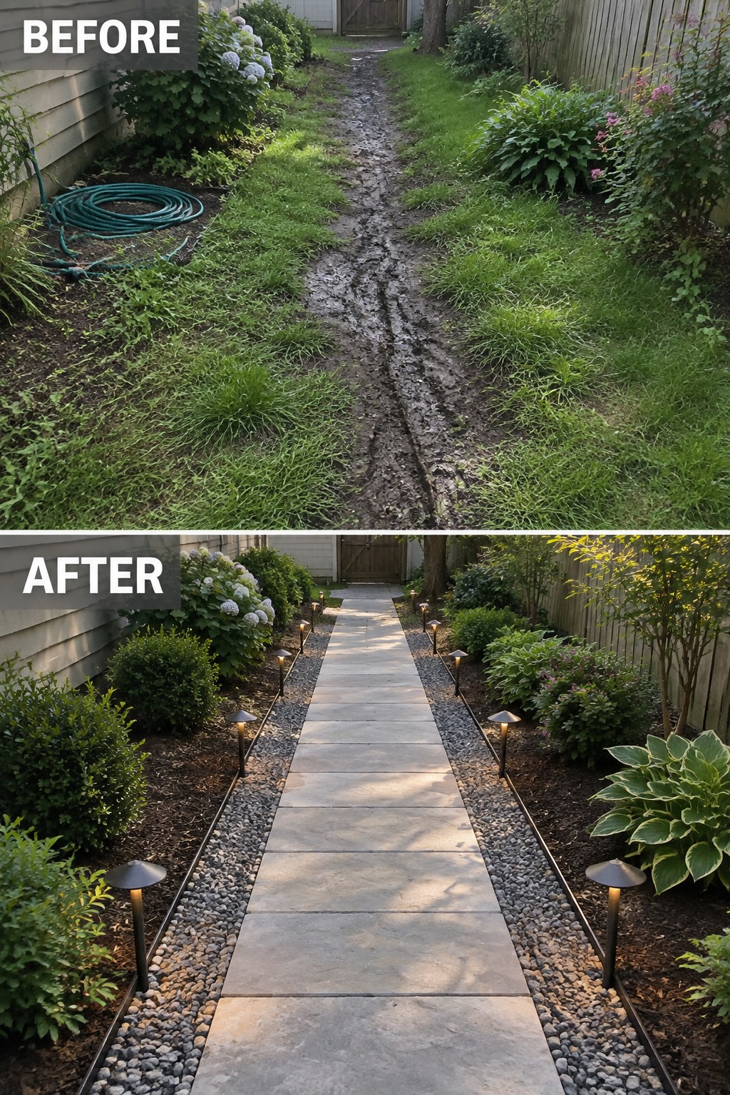 Before muddy trail and after paved walkway with solar lights