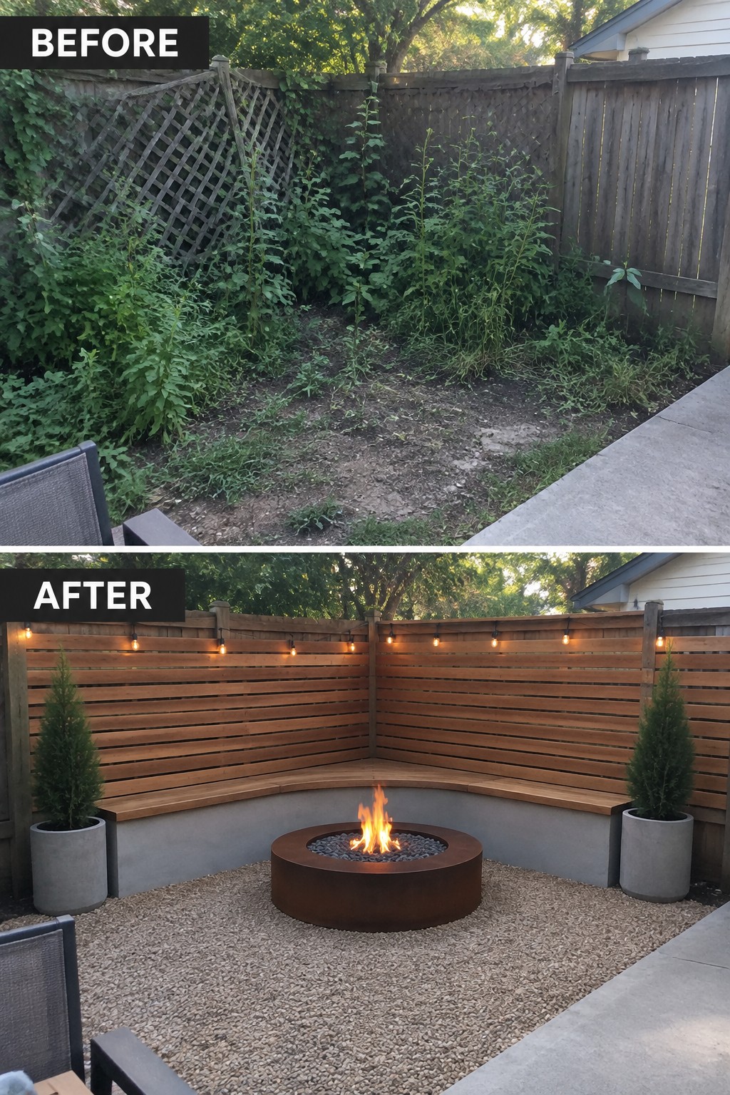 Before overgrown weeds, after modern patio with fire pit, bench and string lights