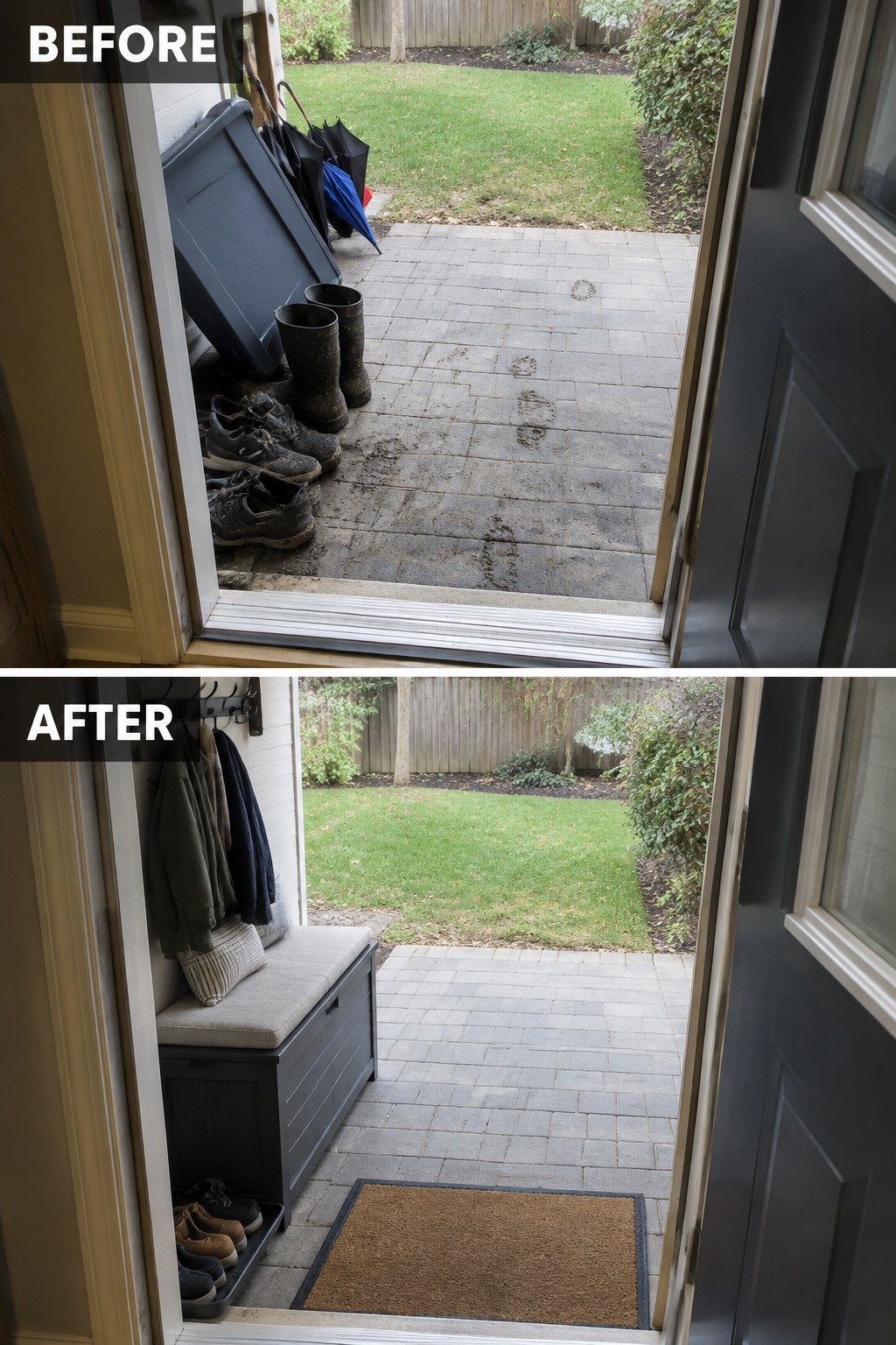 Before-and-after entryway makeover: cluttered shoes cleared for bench, coats, and doormat