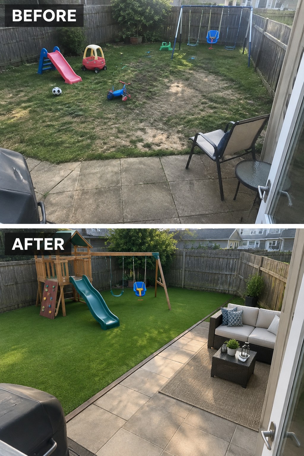 Before and after backyard with new turf, playset, and patio seating area.