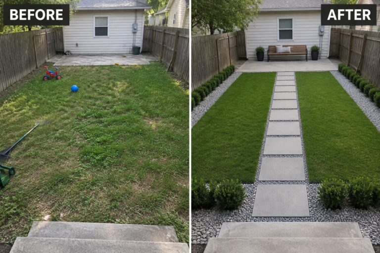 25 Modern Backyard Makeover Ideas Built Around Clean Outdoor Zones Backyard before-and-after: overgrown lawn transformed into neat grass with paver path and bench.
