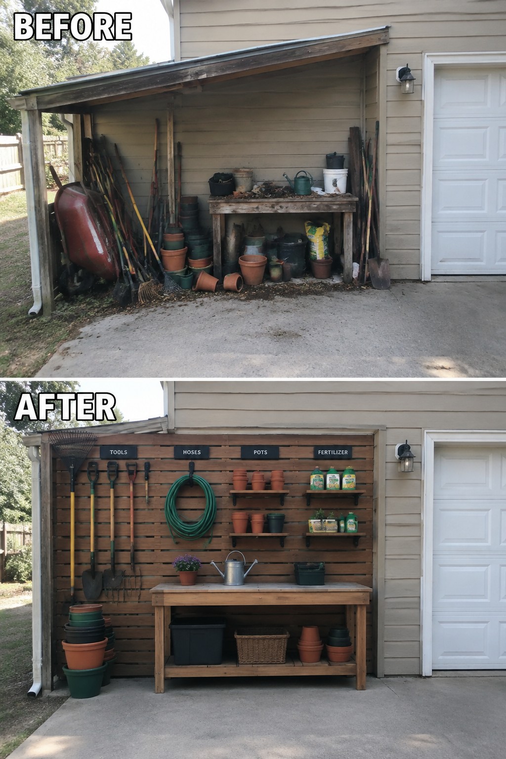 Before messy cluttered shed and after with organized labeled wooden tool wall and workbench.