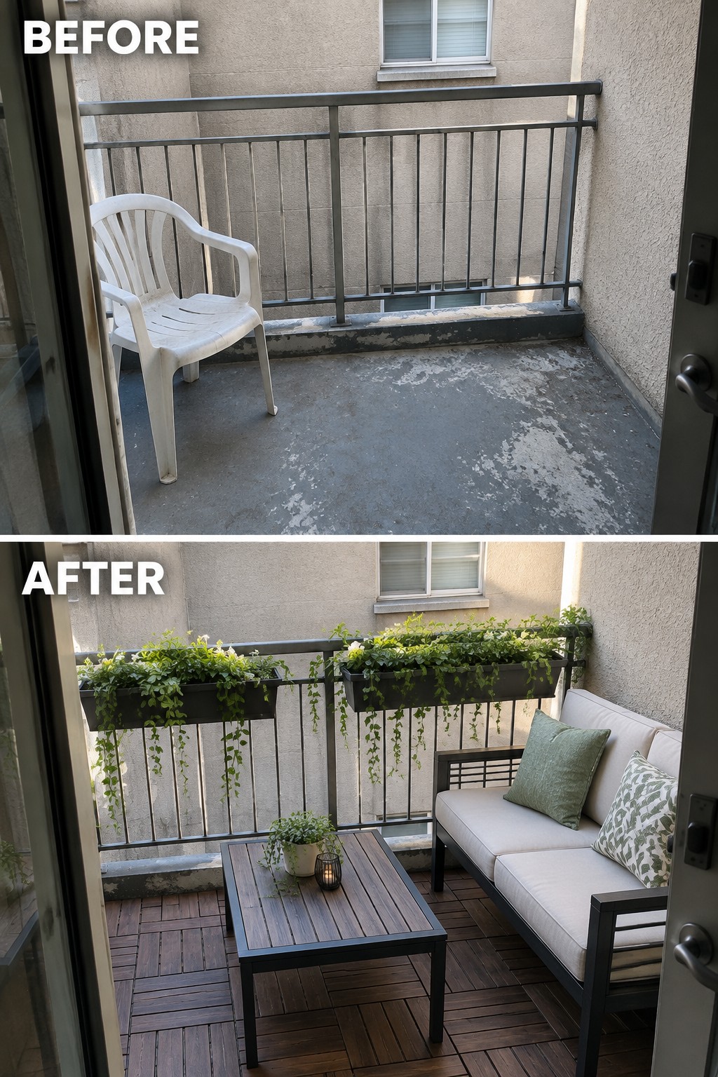 Before-and-after balcony with plastic chair, then wooden deck, sofa, table and hanging planters.