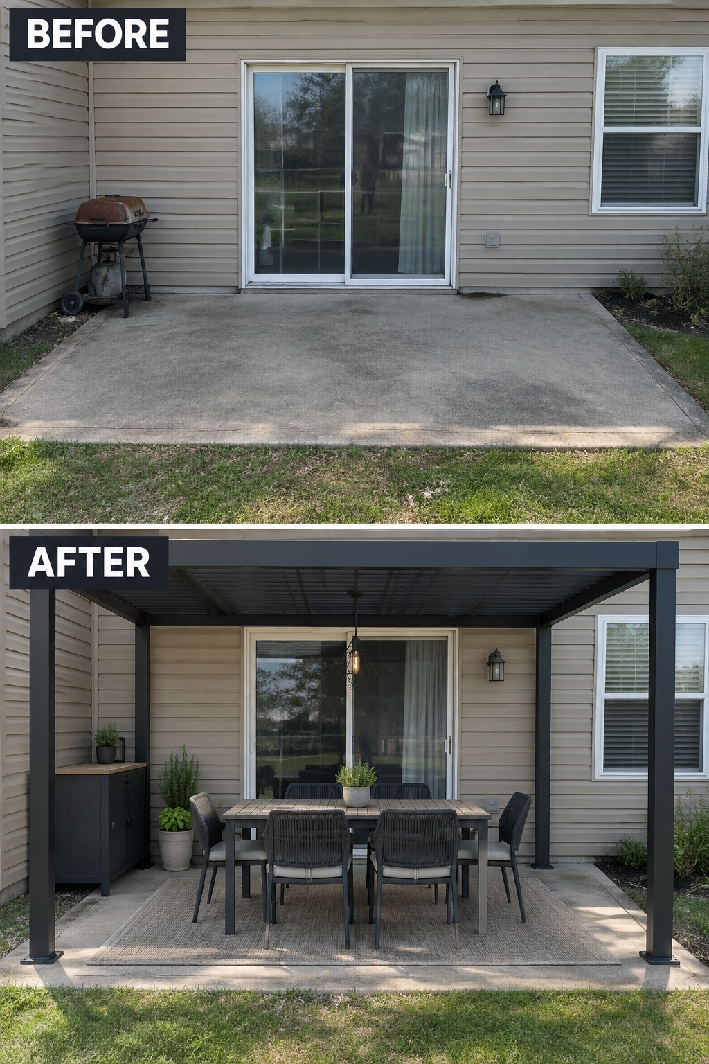 Before-and-after image of a plain concrete patio changed into a covered outdoor dining area with a pergola, table and chairs, rug, and storage cabinet.