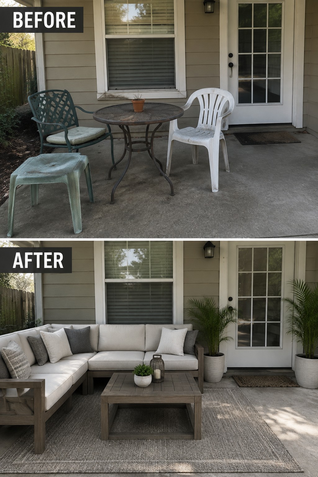 Before and after patio with rusty table, plastic chairs, and modern beige sectional sofa.