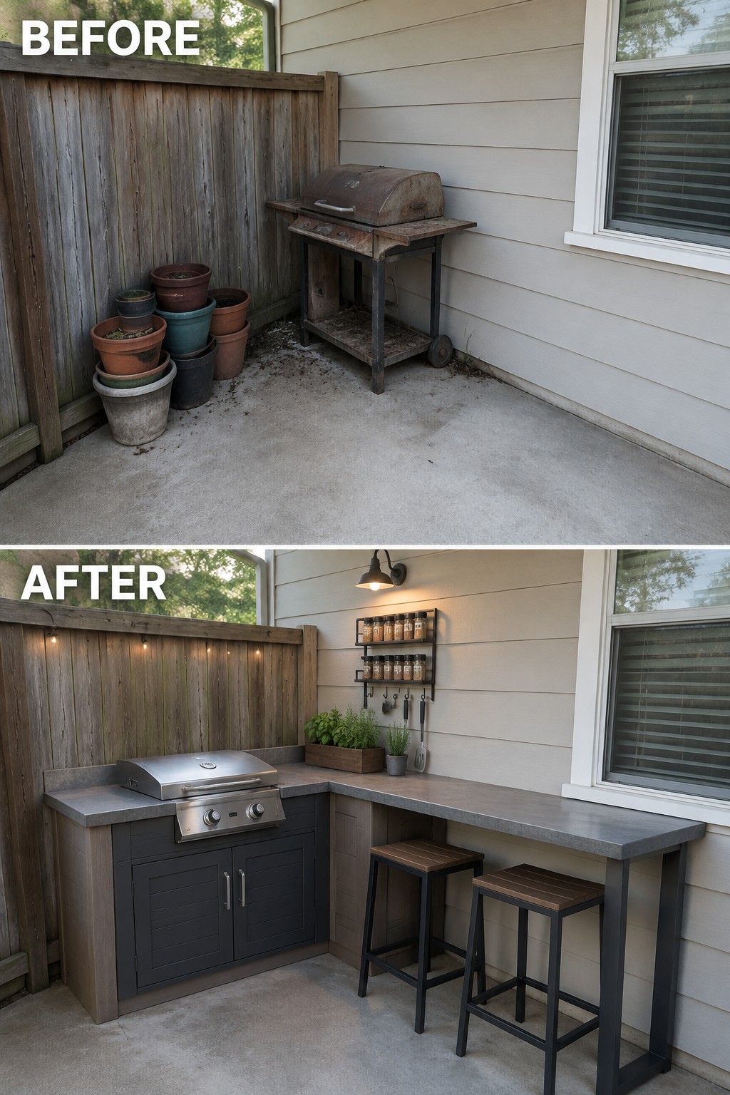 Before-and-after image of a concrete patio changed from an empty corner with a rusty grill into an outdoor kitchen with cabinets, countertop, built-in grill, and bar stools.
