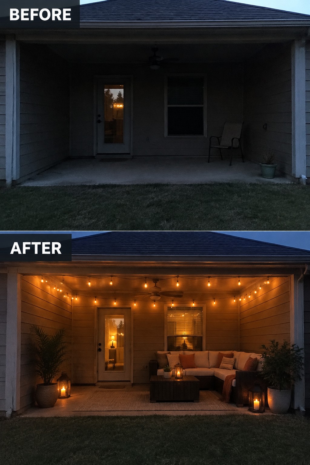 Before-and-after porch makeover with string lights, sofa, and cozy decor.
