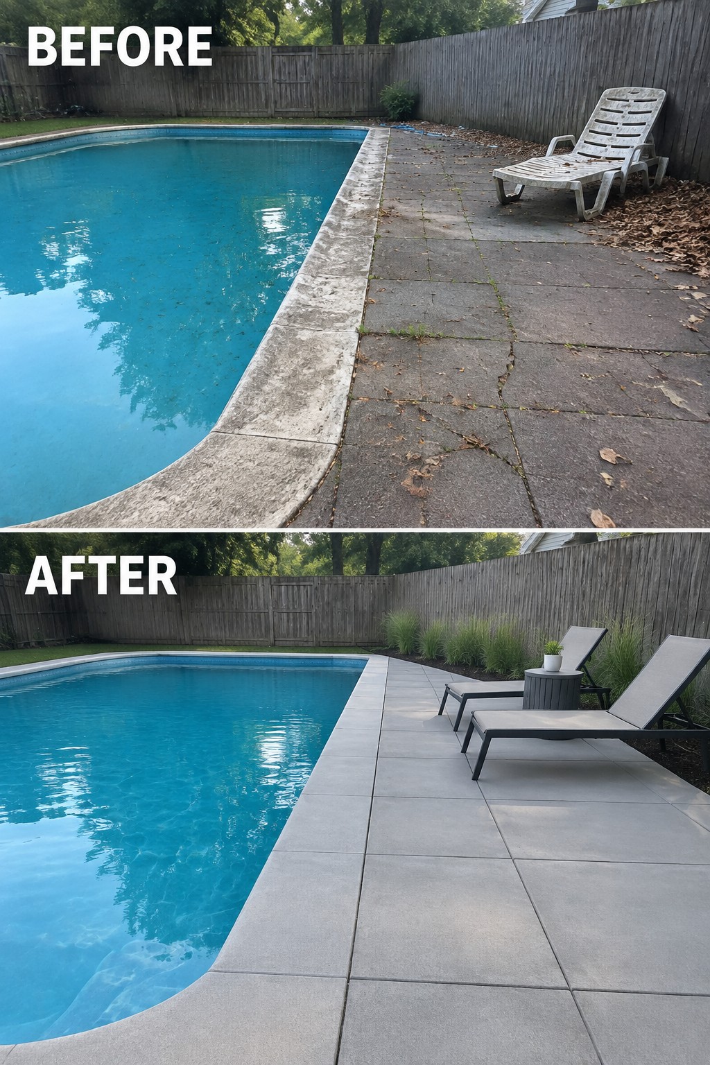 Before and after of pool deck renovation from cracked concrete to modern gray tiles