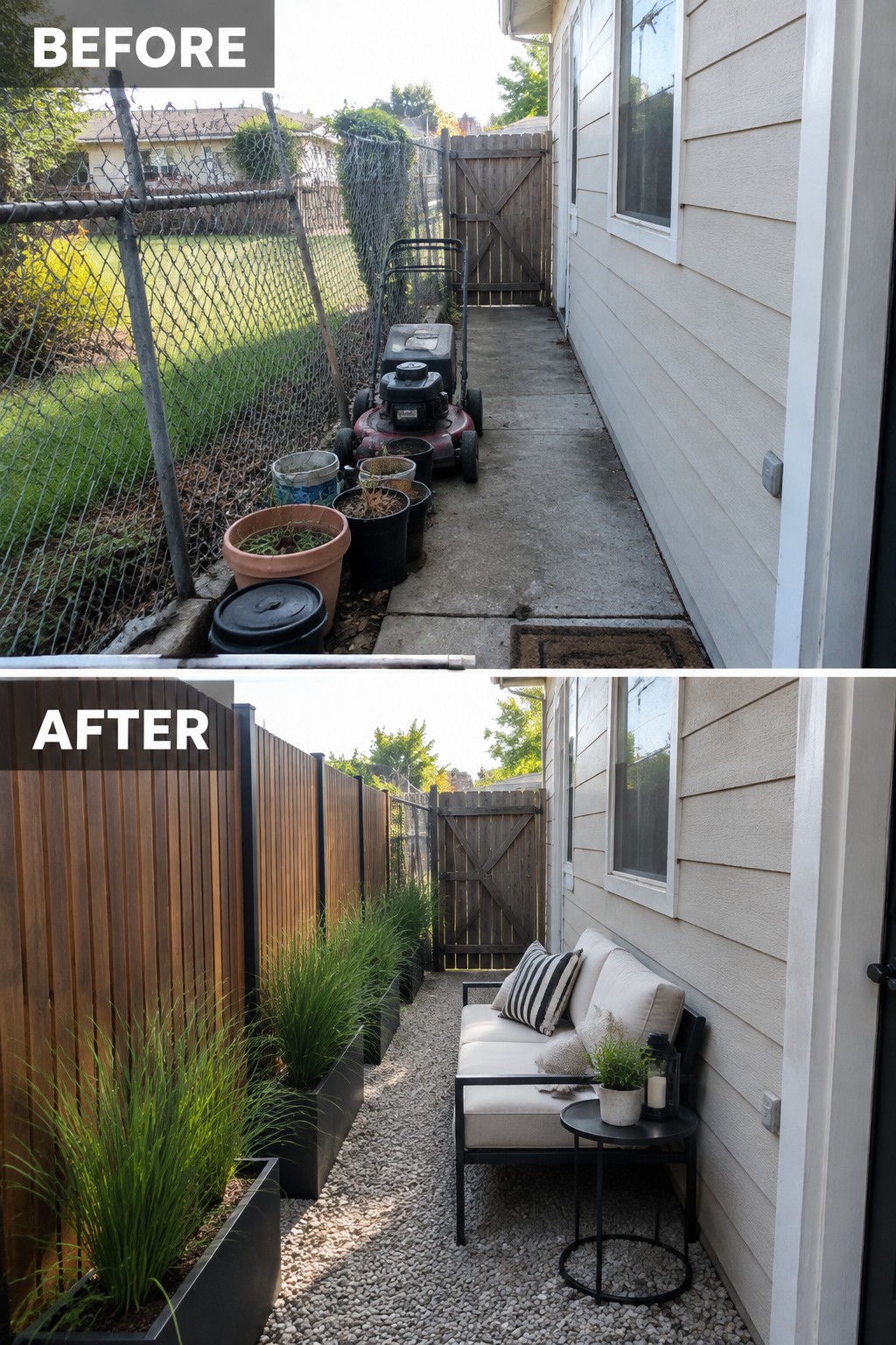 Before cluttered path with mower and pots, after patio with sofa, planters and fence