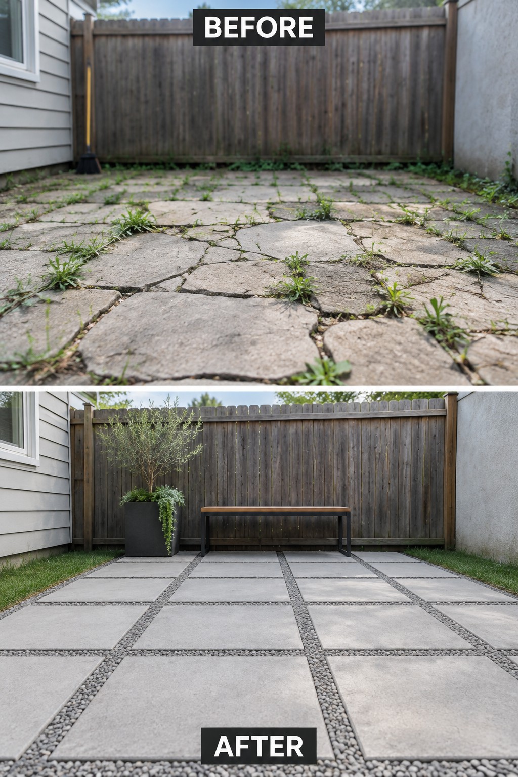 Before-and-after image of an overgrown patio with weeds on cracked pavers changed into a clean paved seating area with gravel borders, a bench, and a large planter.