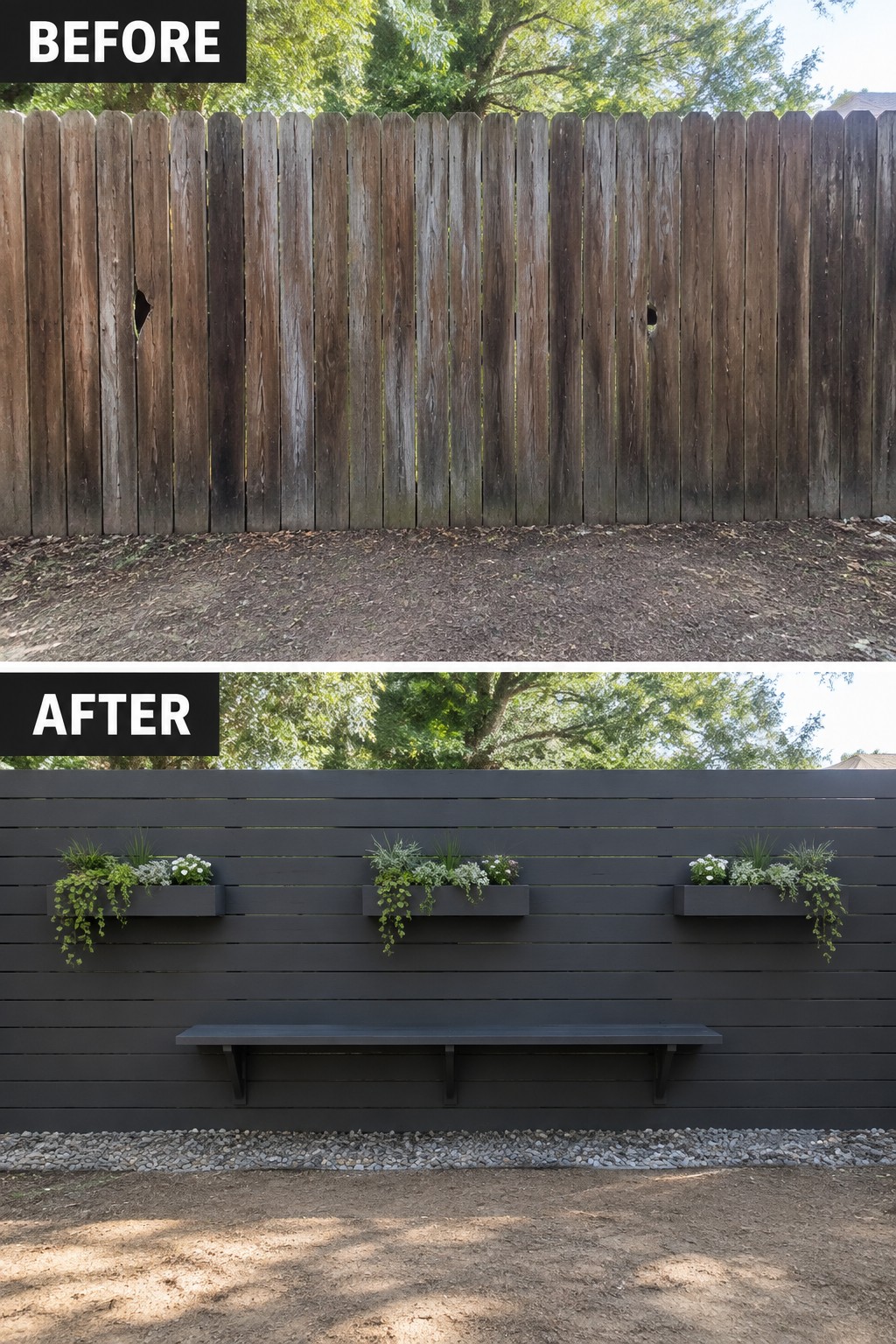 Before and after of weathered fence painted dark with planters and bench added.
