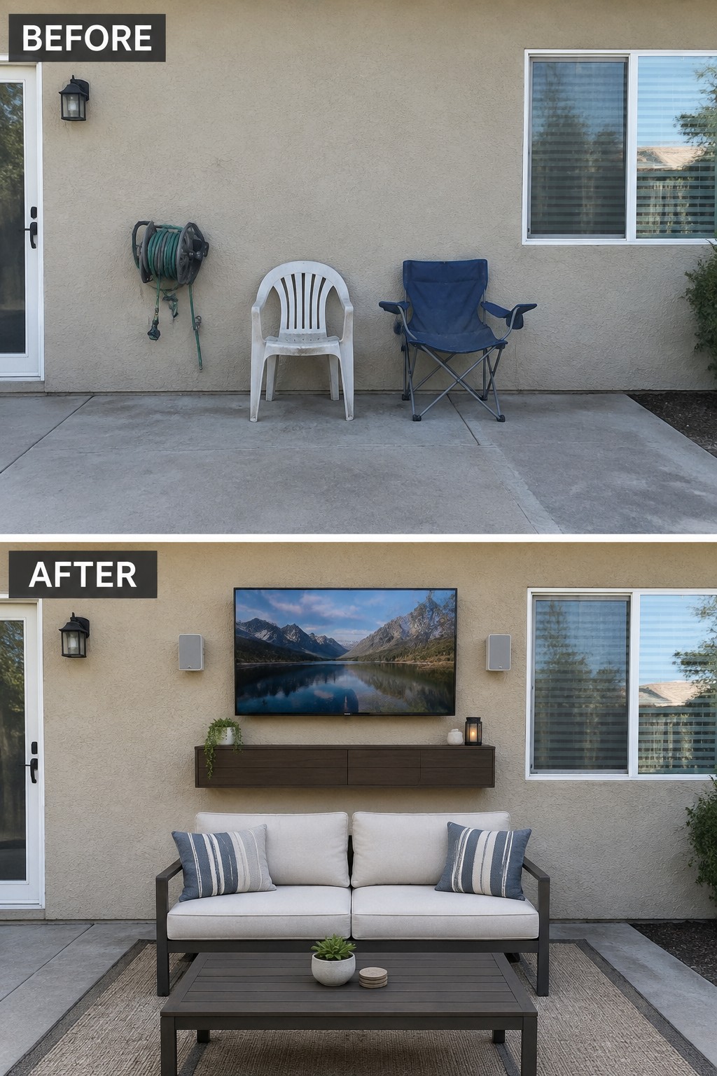 Before-and-after patio with chairs replaced by TV, sofa, coffee table, and rug.