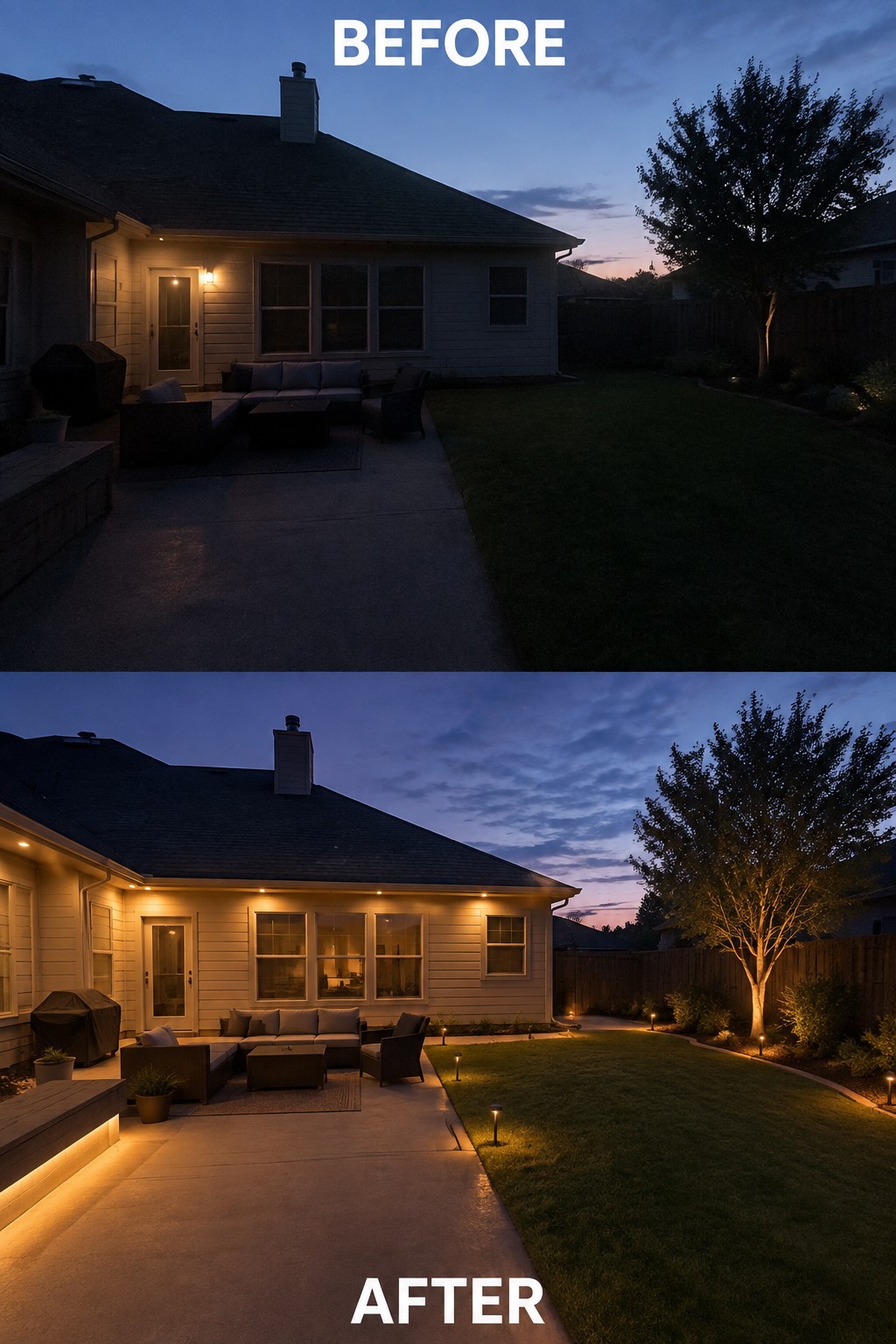 Before and after backyard at dusk with added house and pathway lighting