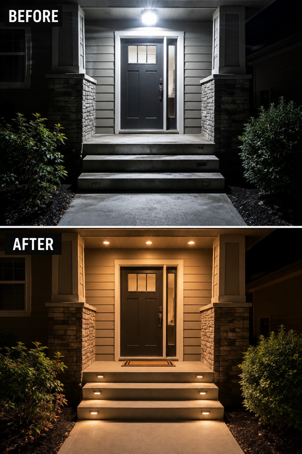 Before and after views of a front porch with upgraded warm nighttime lighting and step lights.