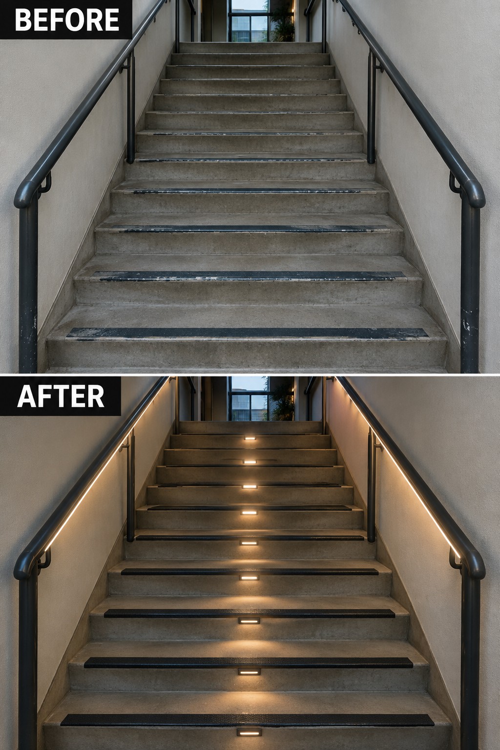 Before and after of concrete staircase with black rails and added LED step lighting.