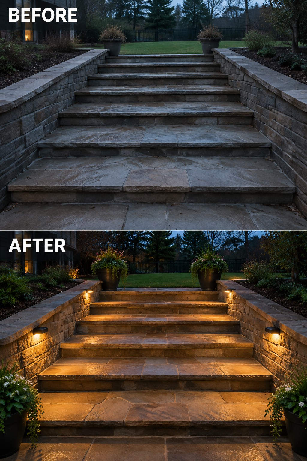 Before-and-after image of stone entry steps updated with low wall lights and potted plants at the base.