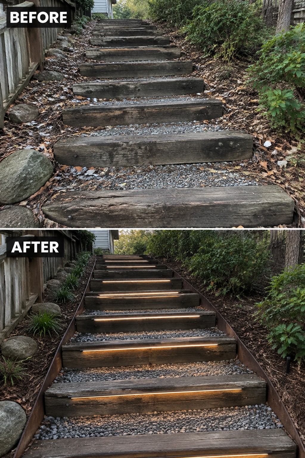 Before and after of wooden stairs renovated with warm LED step lights and metal edging.