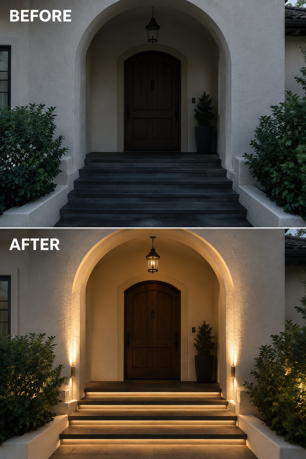 Before-and-after image of a house entry with dark steps changed by adding wall sconces and illuminated step lights.
