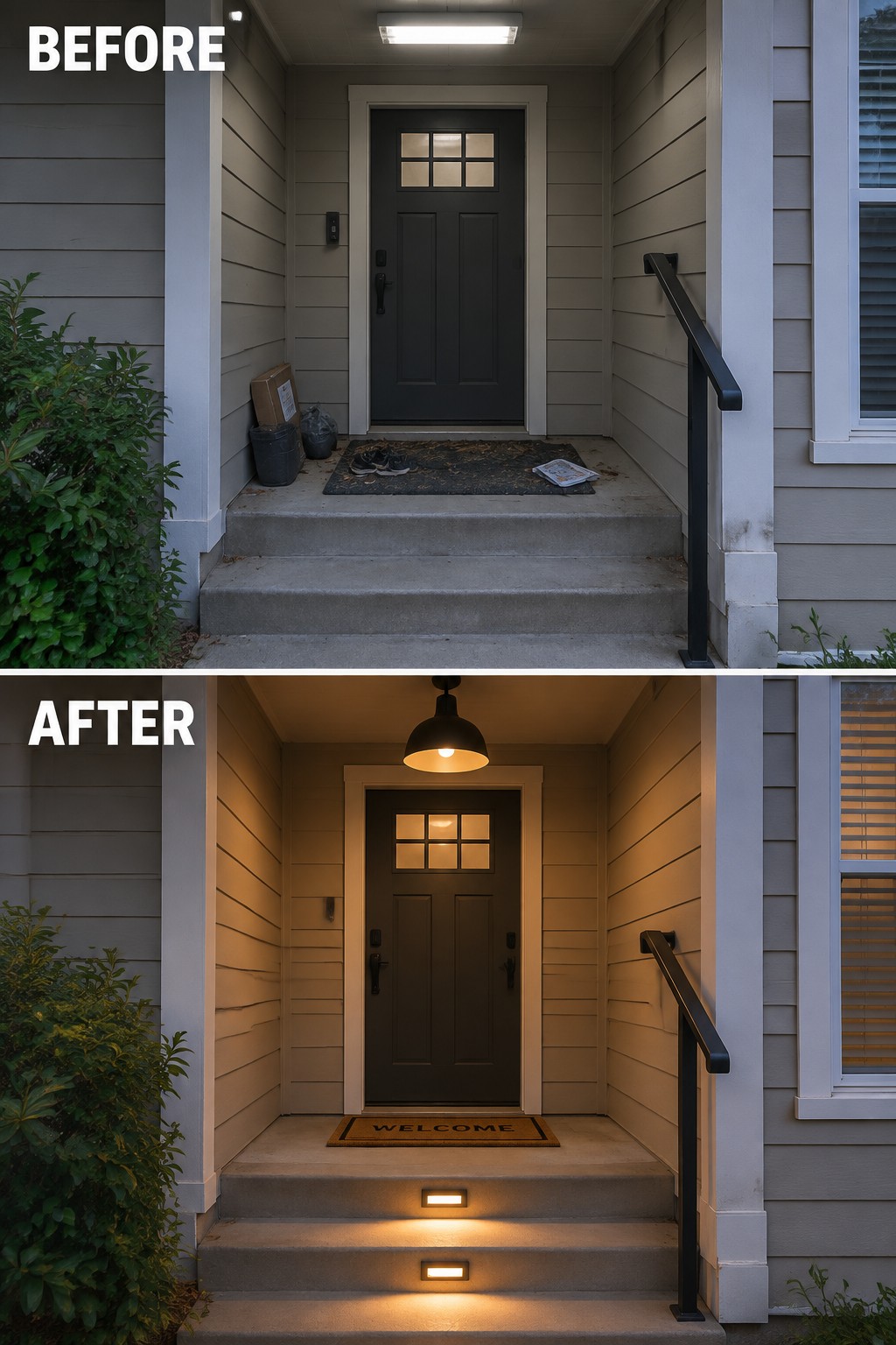 Before-and-after porch renovation with new pendant light, step lights, and welcome mat.