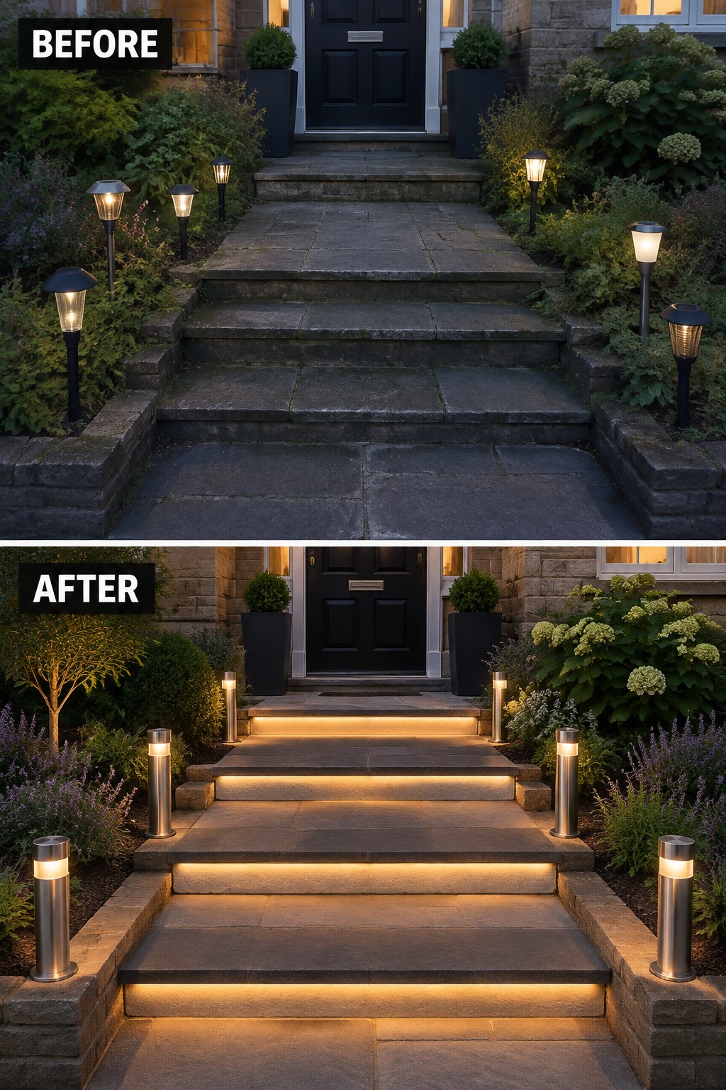 Before and after of stone steps with scattered lights versus modern stair lighting