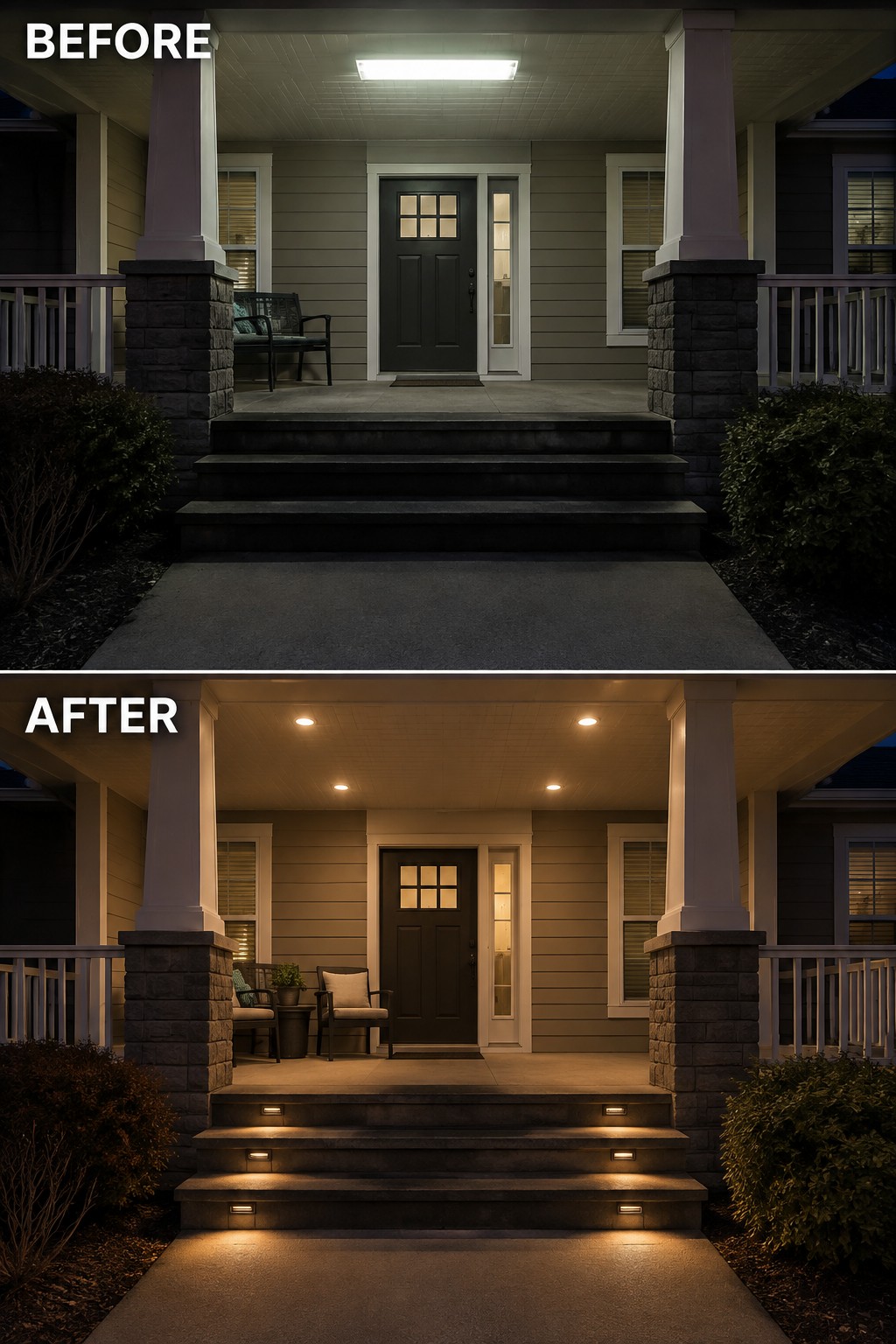 Before and after of a front porch at night with added ceiling and stair lighting.