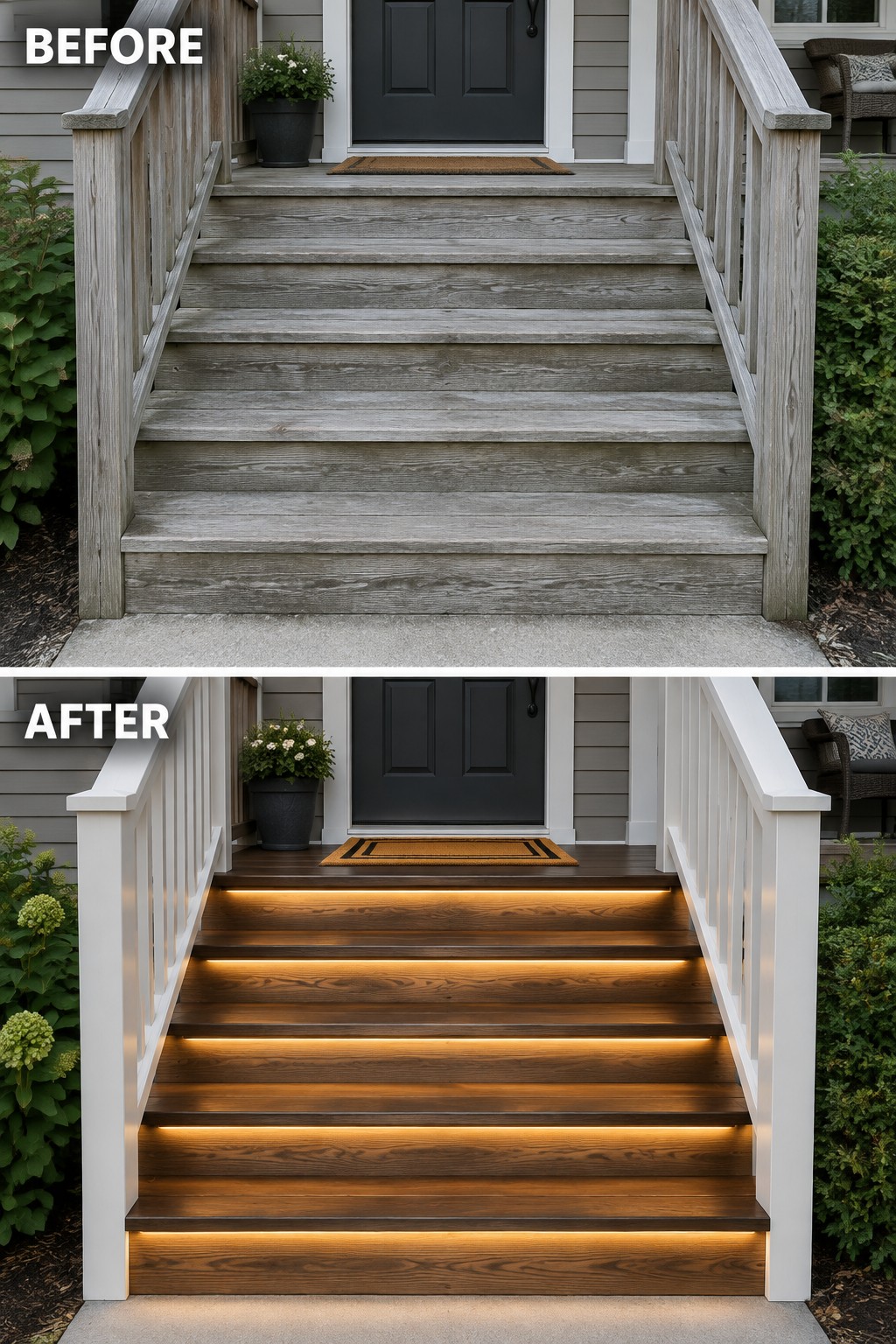 Before and after of gray weathered stairs renovated to dark wood with warm LED lighting.
