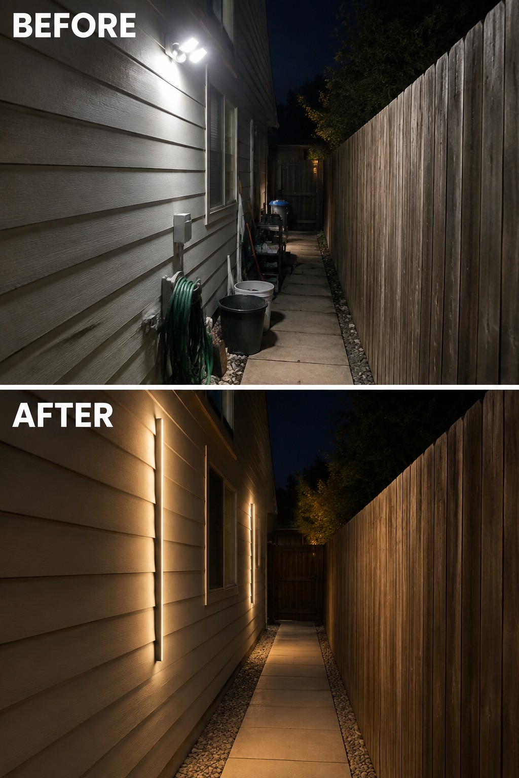 Before-and-after night views of narrow walkway lit by floodlight versus warm vertical LEDs.